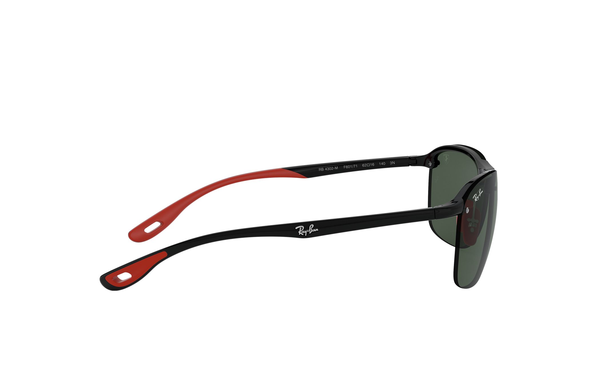 Ray-Ban RB4302-F601/71 Unisex Scuderia Ferrari Matte Black Square sunglasses with green lenses and red bridge detail.